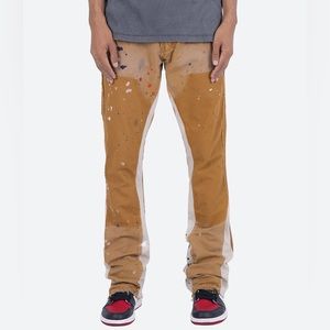 MNML men’s brown flare jeans with paint splatter